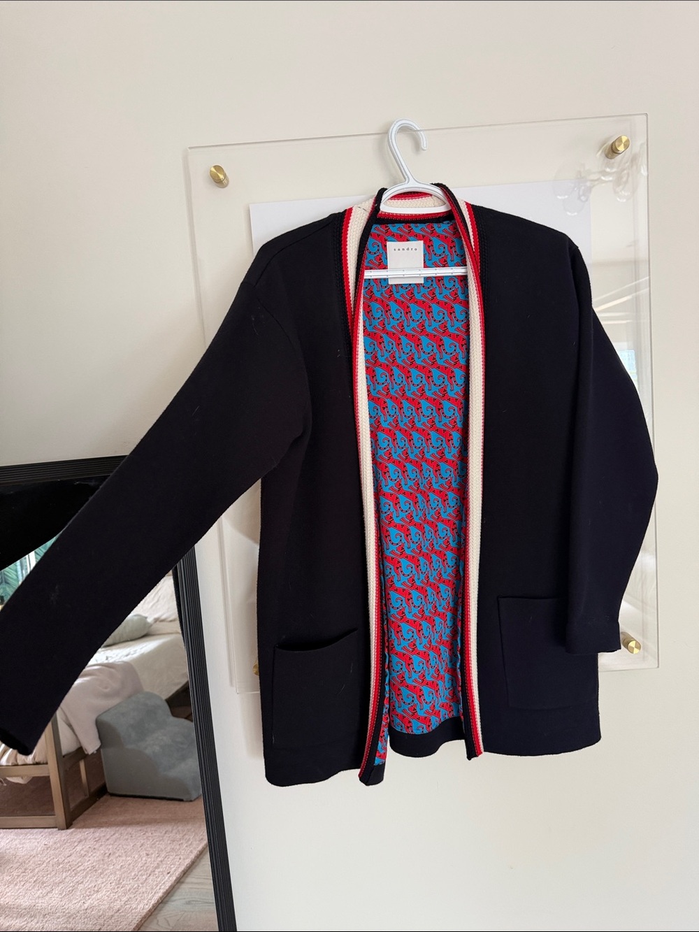 Sandro Black Open-Front Cardigan with Red & Blue Patterned Lining